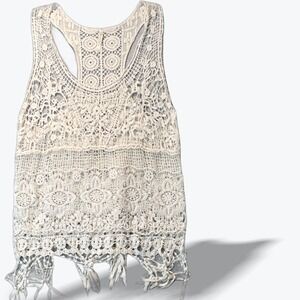 India Boutique Crochet Fringe Tank Top Ivory Boho Racerback One Size